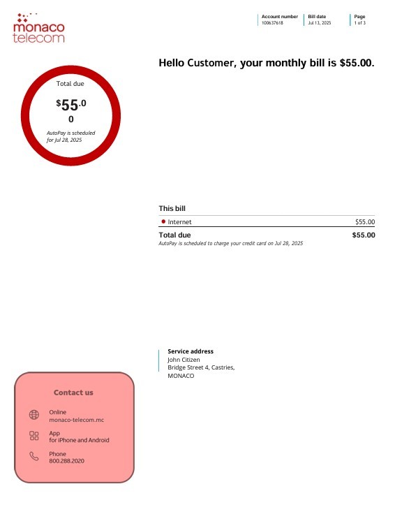 Monaco telecom internet utility bill, 3 pages